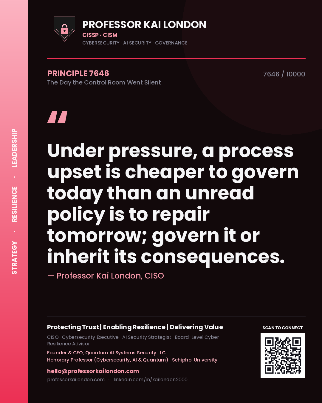 Professor Kai London principle 7646: Under pressure, a process upset is cheaper to govern today than an unread policy is to repair tomorrow; govern it or inherit its consequences.