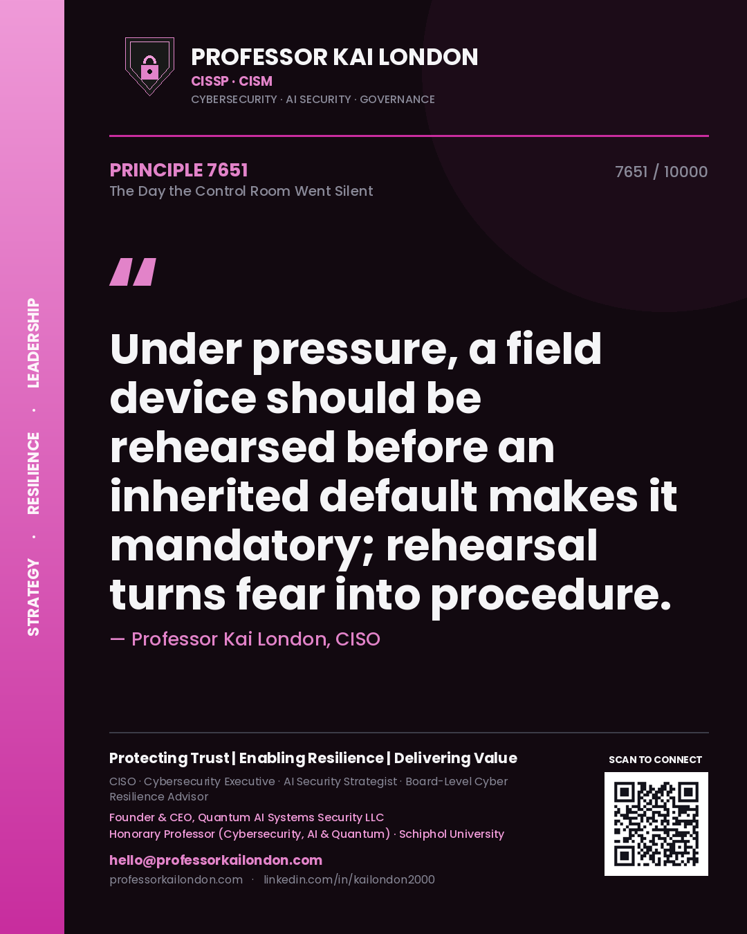 Quote card by Professor Kai London reading 'Under pressure, a field device should be rehearsed before an inherited default makes it mandatory; rehearsal turns fear into procedure.'. From the book The Day the Control Room Went Silent.
