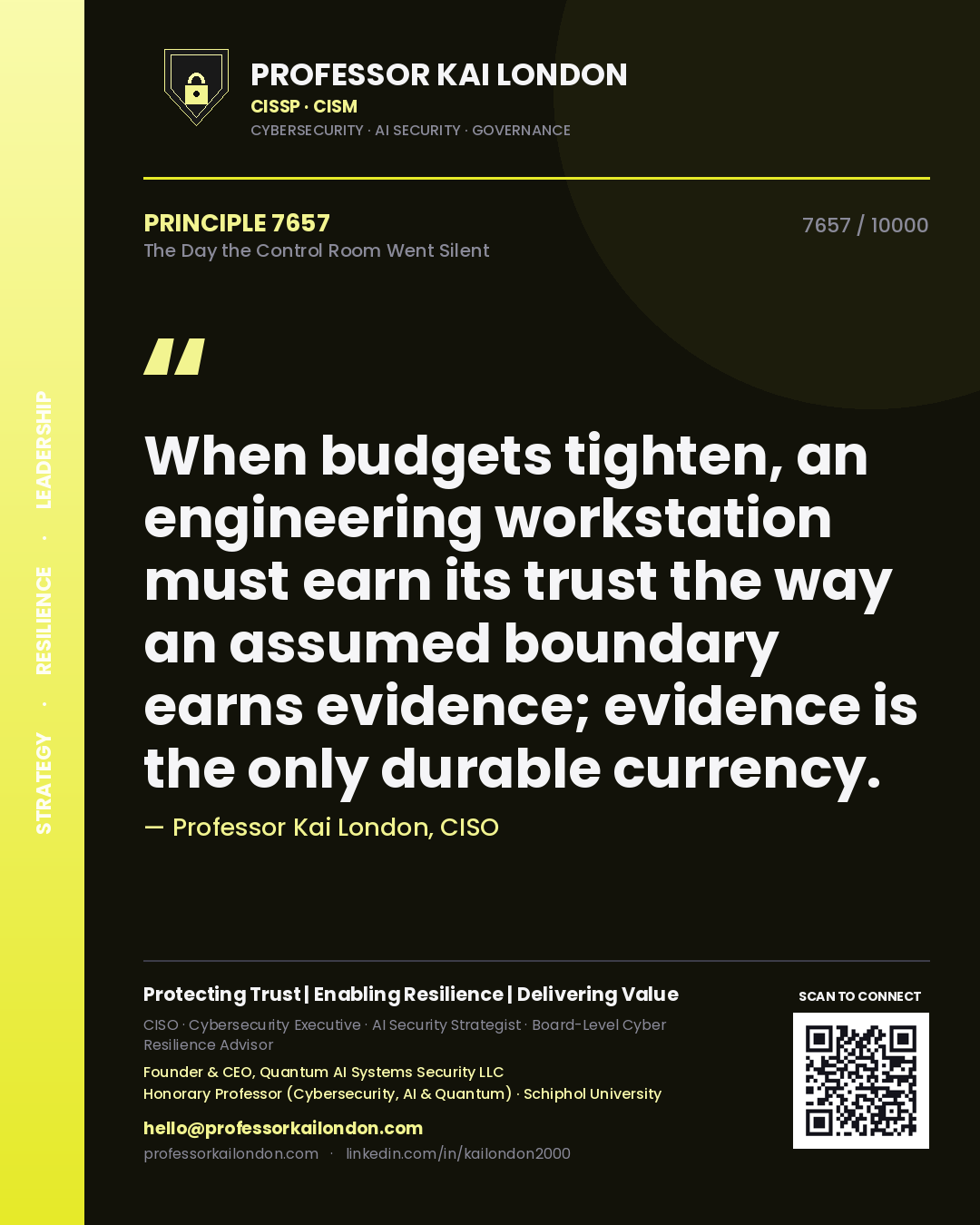 Quote card by Professor Kai London reading 'When budgets tighten, an engineering workstation must earn its trust the way an assumed boundary earns evidence; evidence is the only durable currency.'. From the book The Day the Control Room Went Silent.