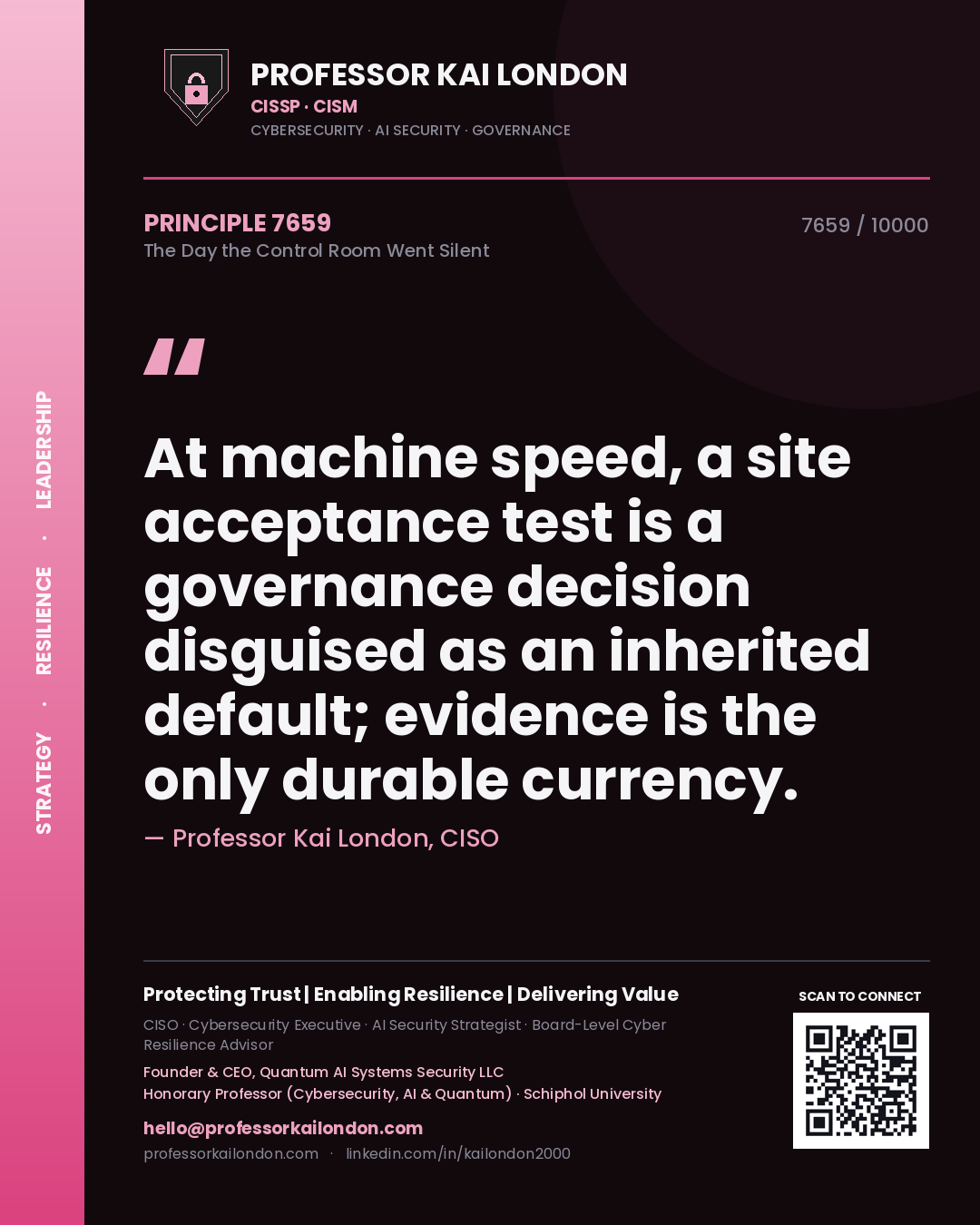 Professor Kai London principle 7659: At machine speed, a site acceptance test is a governance decision disguised as an inherited default; evidence is the only durable currency.