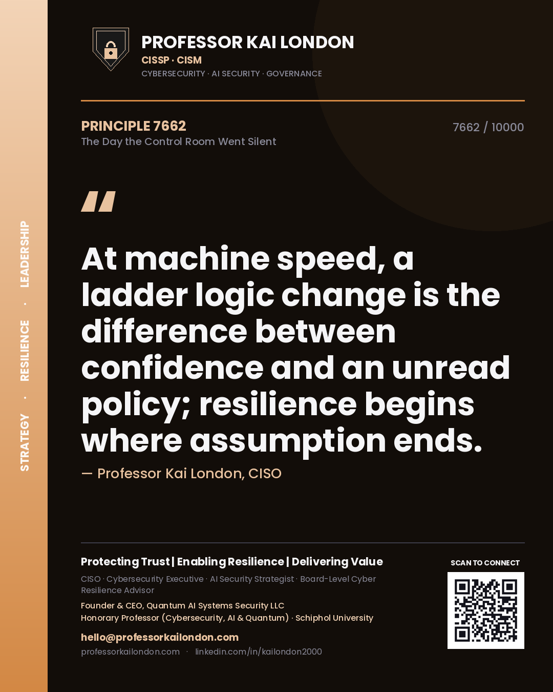 Quote card by Professor Kai London reading 'At machine speed, a ladder logic change is the difference between confidence and an unread policy; resilience begins where assumption ends.'. From the book The Day the Control Room Went Silent.