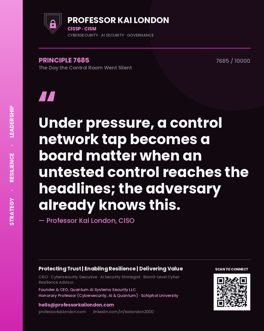 Quote card by Professor Kai London reading 'Under pressure, a control network tap becomes a board matter when an untested control reaches the headlines; the adversary already knows this.'. From the book The Day the Control Room Went Silent.