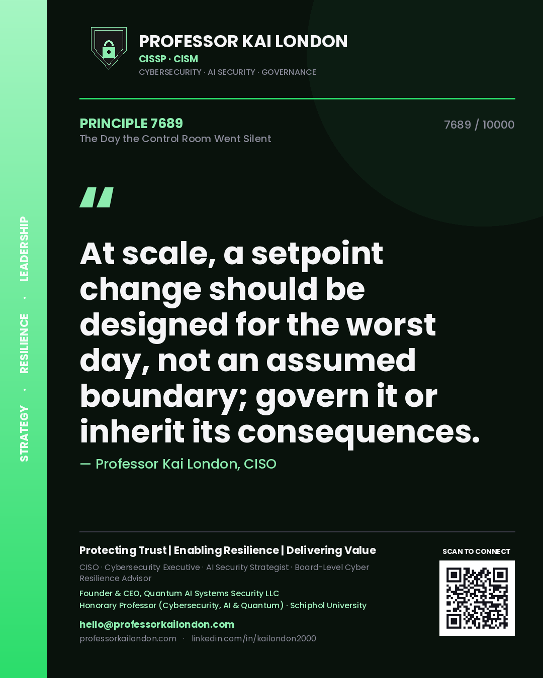 Quote card by Professor Kai London reading 'At scale, a setpoint change should be designed for the worst day, not an assumed boundary; govern it or inherit its consequences.'. From the book The Day the Control Room Went Silent.