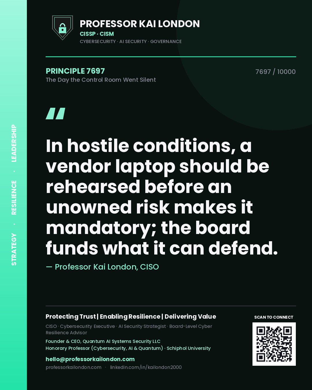Professor Kai London principle 7697: In hostile conditions, a vendor laptop should be rehearsed before an unowned risk makes it mandatory; the board funds what it can defend.
