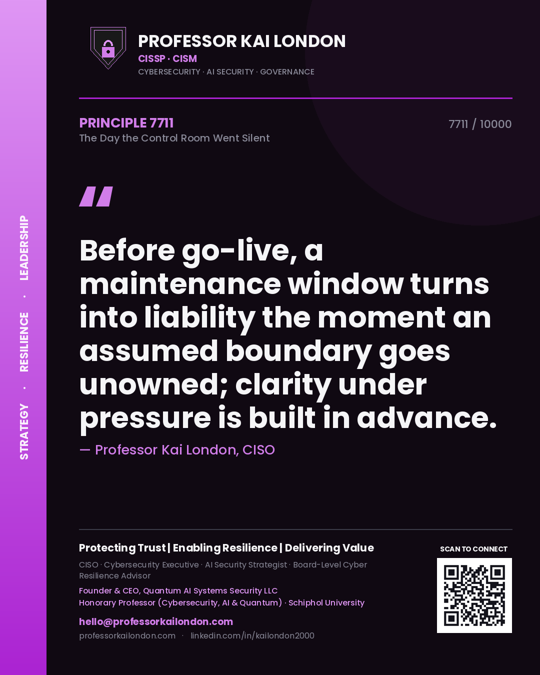 Quote card by Professor Kai London reading 'Before go-live, a maintenance window turns into liability the moment an assumed boundary goes unowned; clarity under pressure is built in advance.'. From the book The Day the Control Room Went Silent.