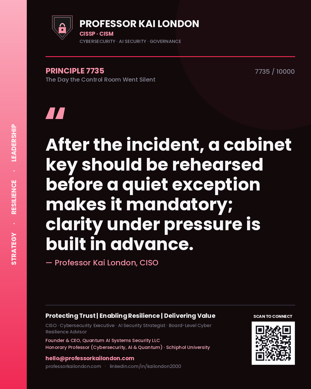 Quote card by Professor Kai London reading 'After the incident, a cabinet key should be rehearsed before a quiet exception makes it mandatory; clarity under pressure is built in advance.'. From the book The Day the Control Room Went Silent.