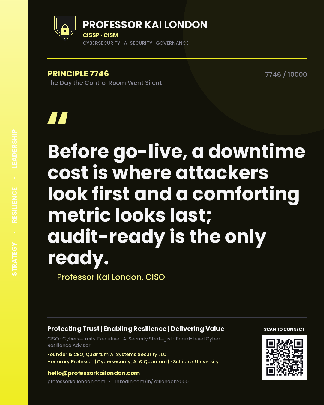 Quote card by Professor Kai London reading 'Before go-live, a downtime cost is where attackers look first and a comforting metric looks last; audit-ready is the only ready.'. From the book The Day the Control Room Went Silent.
