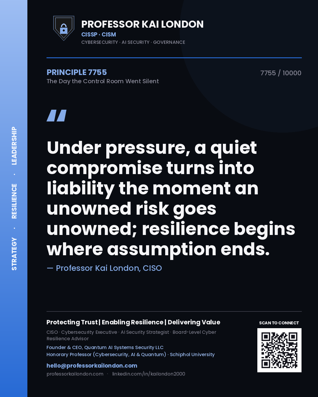 Professor Kai London principle 7755: Under pressure, a quiet compromise turns into liability the moment an unowned risk goes unowned; resilience begins where assumption ends.