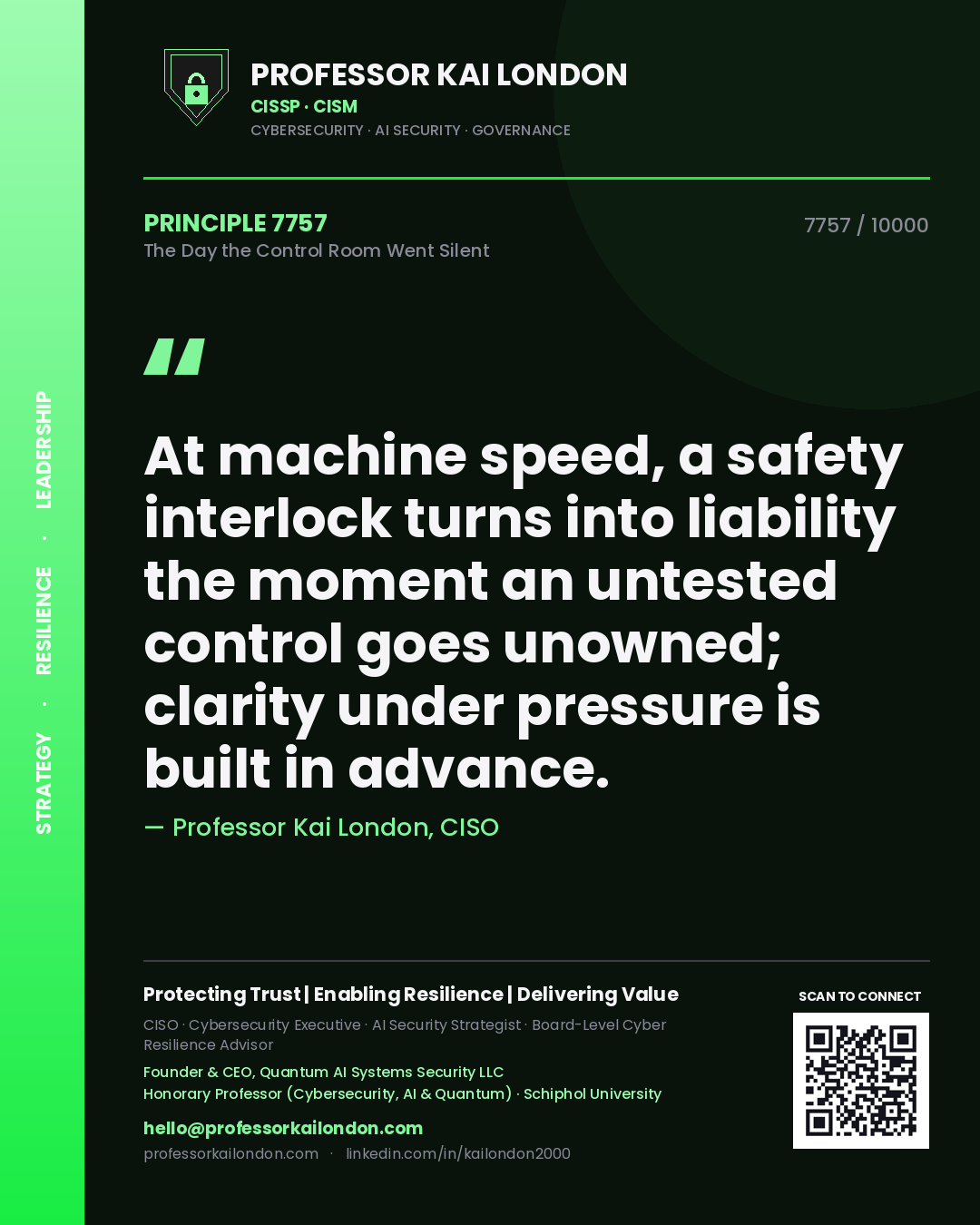 Quote card by Professor Kai London reading 'At machine speed, a safety interlock turns into liability the moment an untested control goes unowned; clarity under pressure is built in advance.'. From the book The Day the Control Room Went Silent.