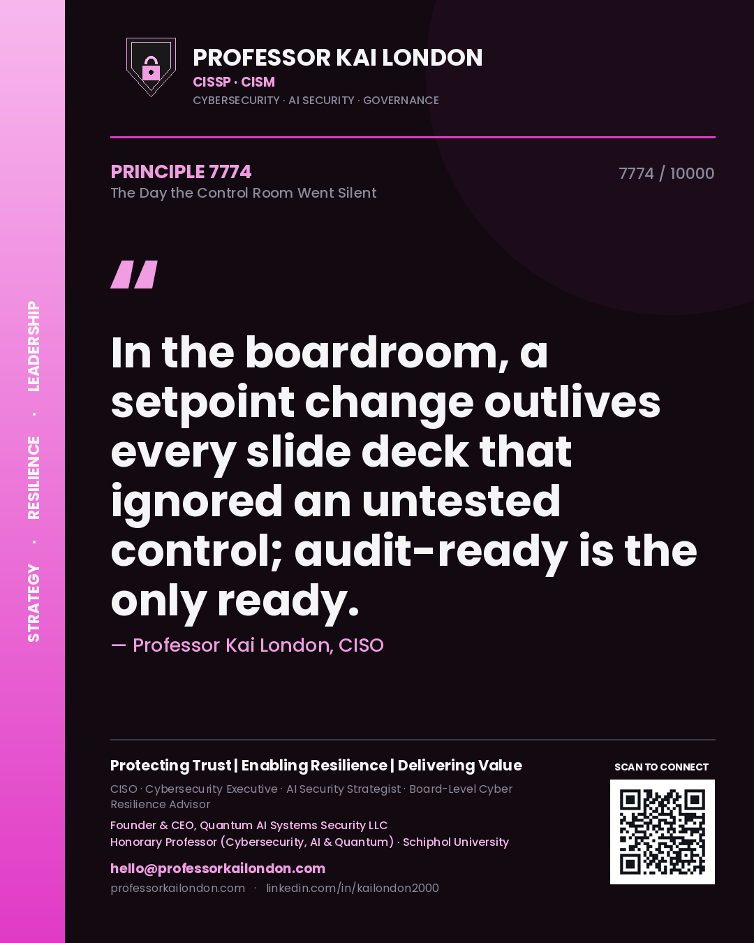 Professor Kai London principle 7774: In the boardroom, a setpoint change outlives every slide deck that ignored an untested control; audit-ready is the only ready.