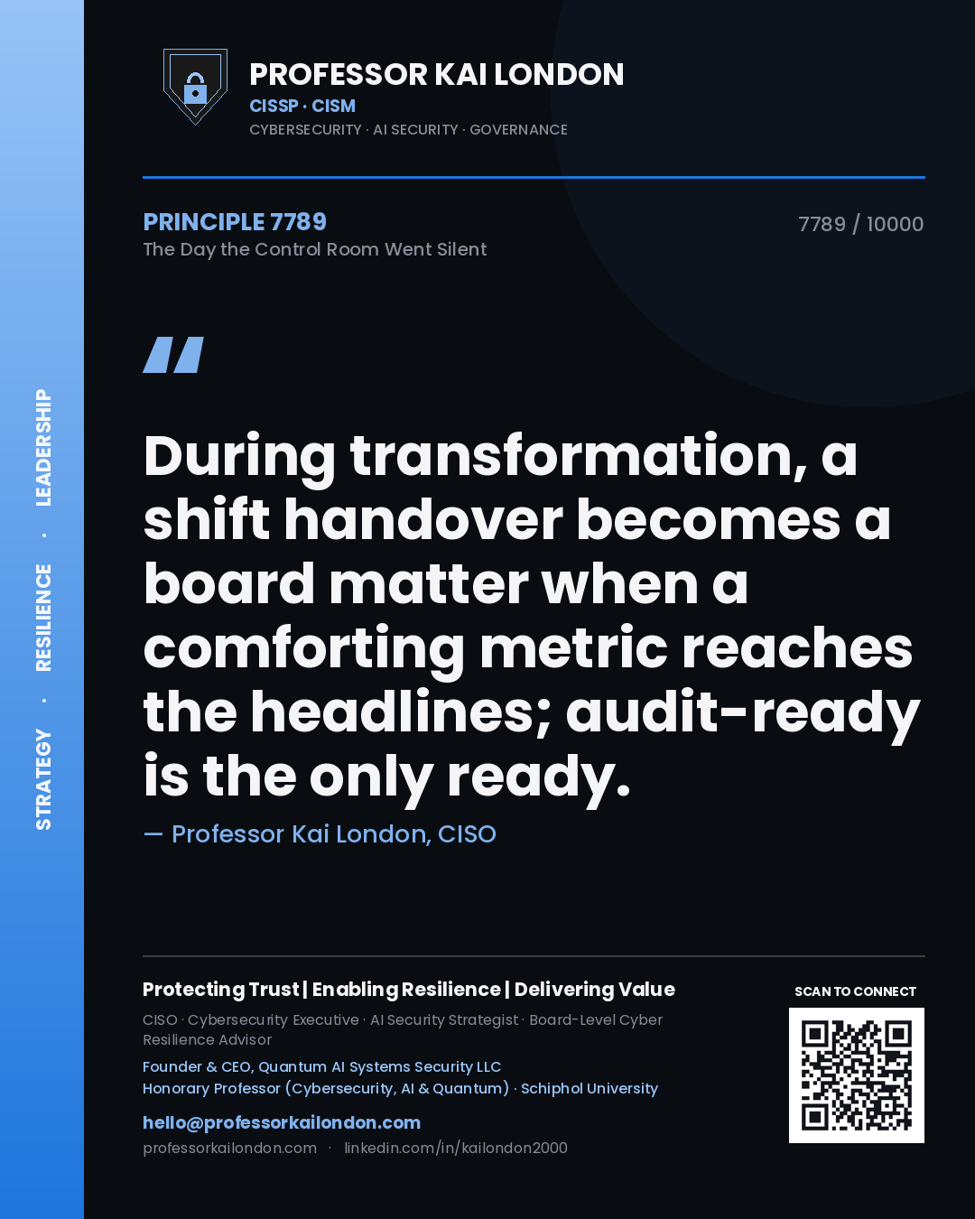 Quote card by Professor Kai London reading 'During transformation, a shift handover becomes a board matter when a comforting metric reaches the headlines; audit-ready is the only ready.'. From the book The Day the Control Room Went Silent.