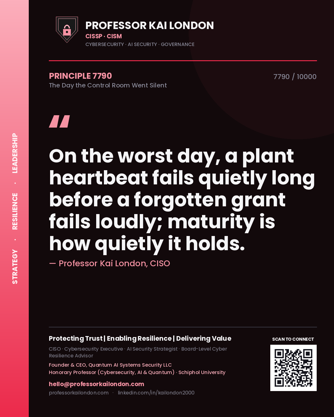 Quote card by Professor Kai London reading 'On the worst day, a plant heartbeat fails quietly long before a forgotten grant fails loudly; maturity is how quietly it holds.'. From the book The Day the Control Room Went Silent.