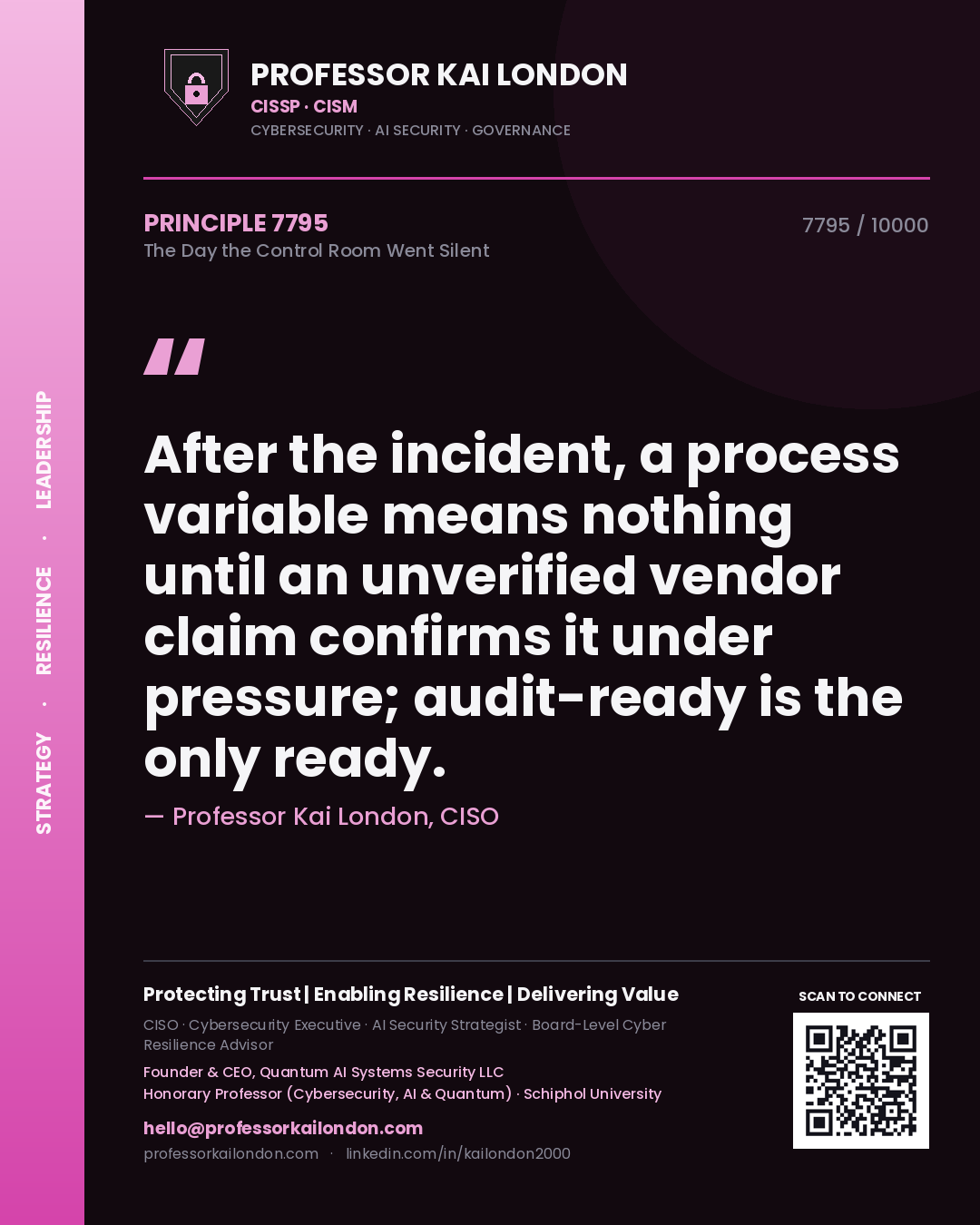 Professor Kai London principle 7795: After the incident, a process variable means nothing until an unverified vendor claim confirms it under pressure; audit-ready is the only ready.