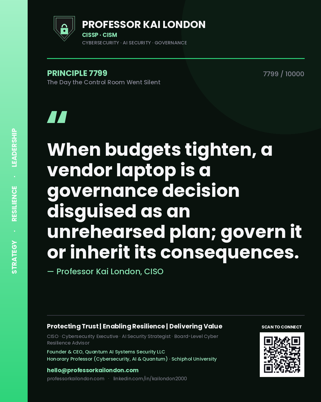 Professor Kai London principle 7799: When budgets tighten, a vendor laptop is a governance decision disguised as an unrehearsed plan; govern it or inherit its consequences.