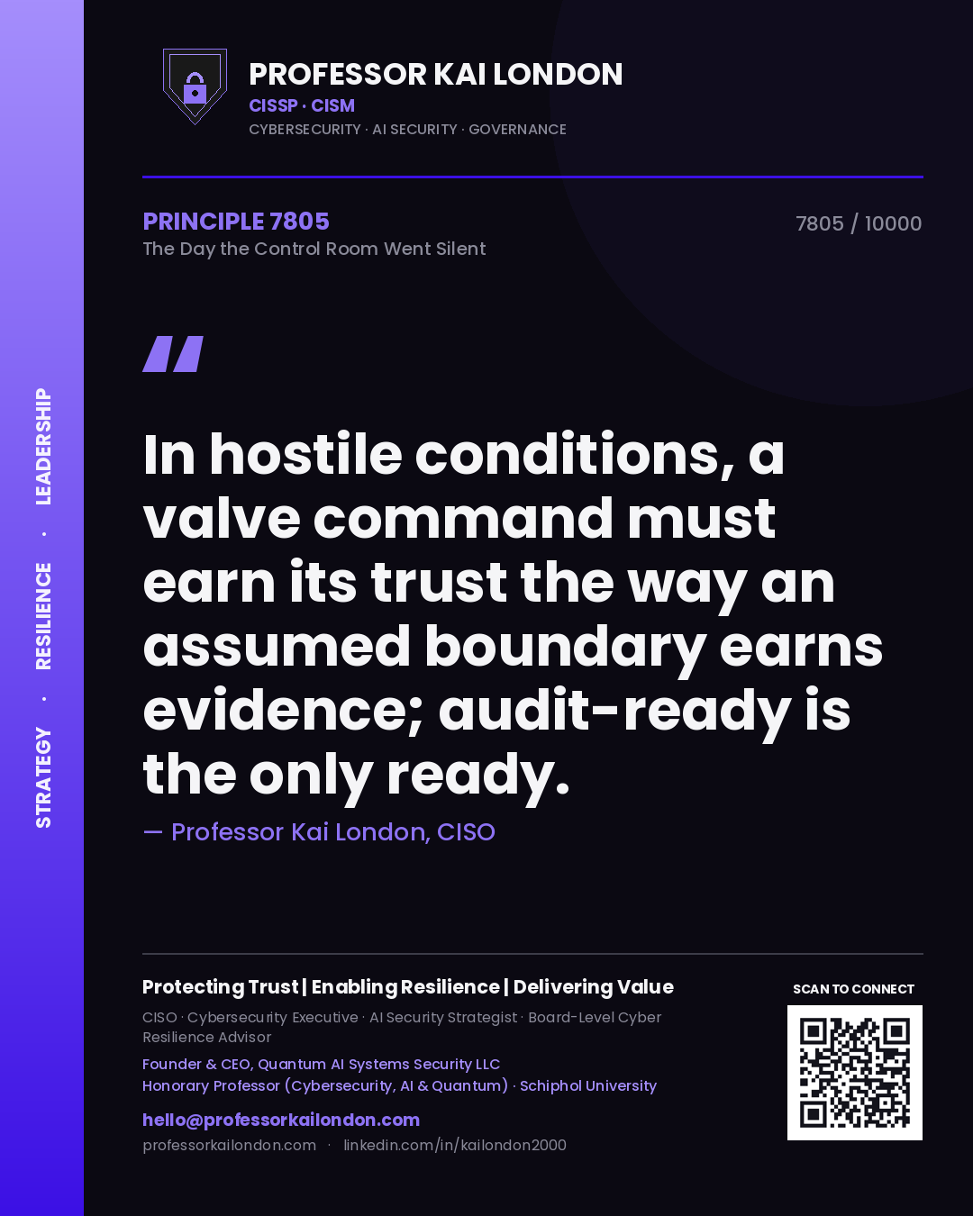 Professor Kai London principle 7805: In hostile conditions, a valve command must earn its trust the way an assumed boundary earns evidence; audit-ready is the only ready.