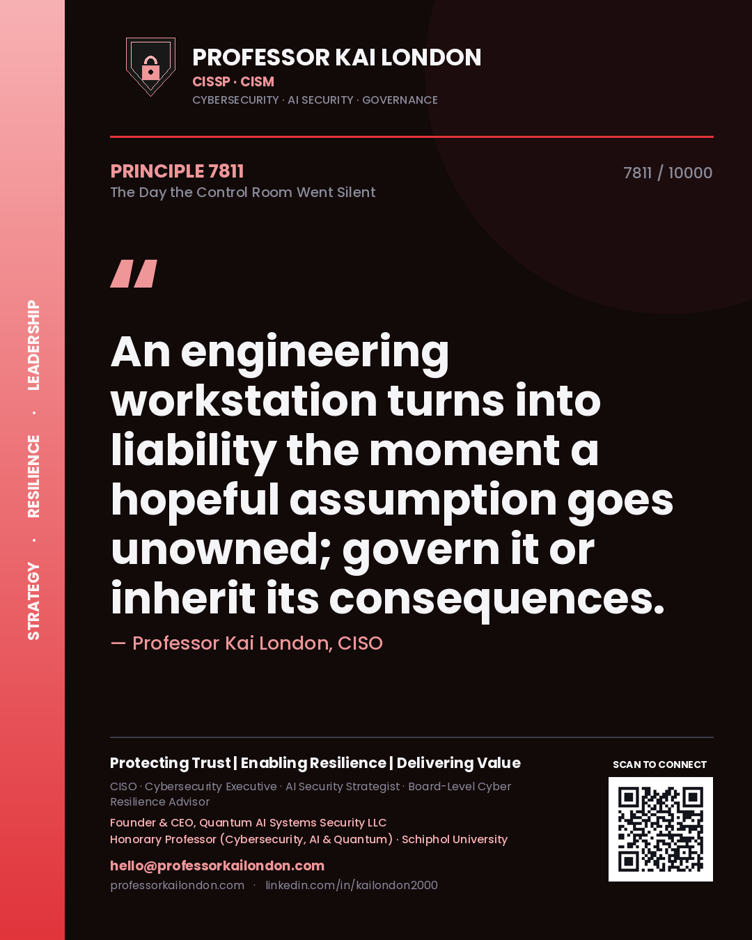 Quote card by Professor Kai London reading 'An engineering workstation turns into liability the moment a hopeful assumption goes unowned; govern it or inherit its consequences.'. From the book The Day the Control Room Went Silent.