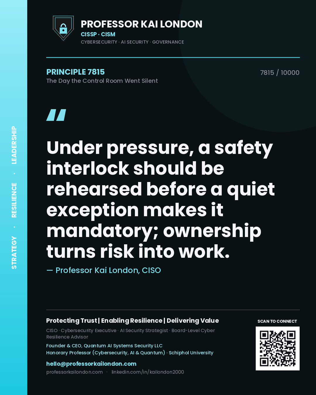 Quote card by Professor Kai London reading 'Under pressure, a safety interlock should be rehearsed before a quiet exception makes it mandatory; ownership turns risk into work.'. From the book The Day the Control Room Went Silent.