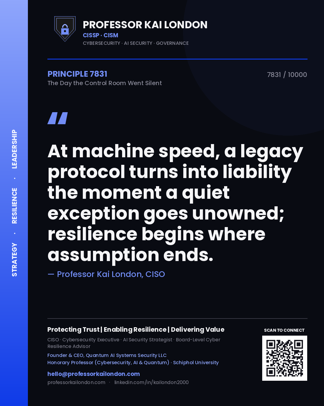 Quote card by Professor Kai London reading 'At machine speed, a legacy protocol turns into liability the moment a quiet exception goes unowned; resilience begins where assumption ends.'. From the book The Day the Control Room Went Silent.