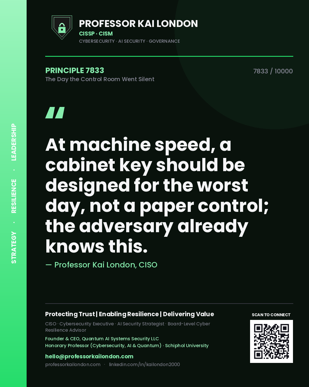 Quote card by Professor Kai London reading 'At machine speed, a cabinet key should be designed for the worst day, not a paper control; the adversary already knows this.'. From the book The Day the Control Room Went Silent.