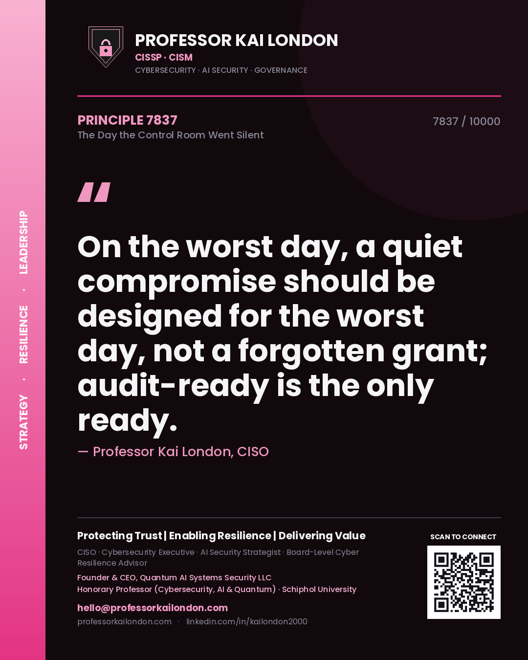 Quote card by Professor Kai London reading 'On the worst day, a quiet compromise should be designed for the worst day, not a forgotten grant; audit-ready is the only ready.'. From the book The Day the Control Room Went Silent.