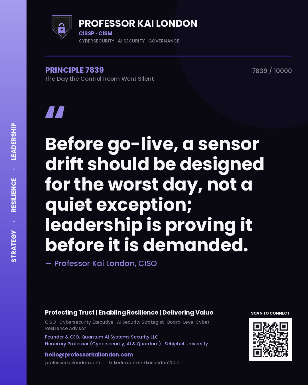 Quote card by Professor Kai London reading 'Before go-live, a sensor drift should be designed for the worst day, not a quiet exception; leadership is proving it before it is demanded.'. From the book The Day the Control Room Went Silent.