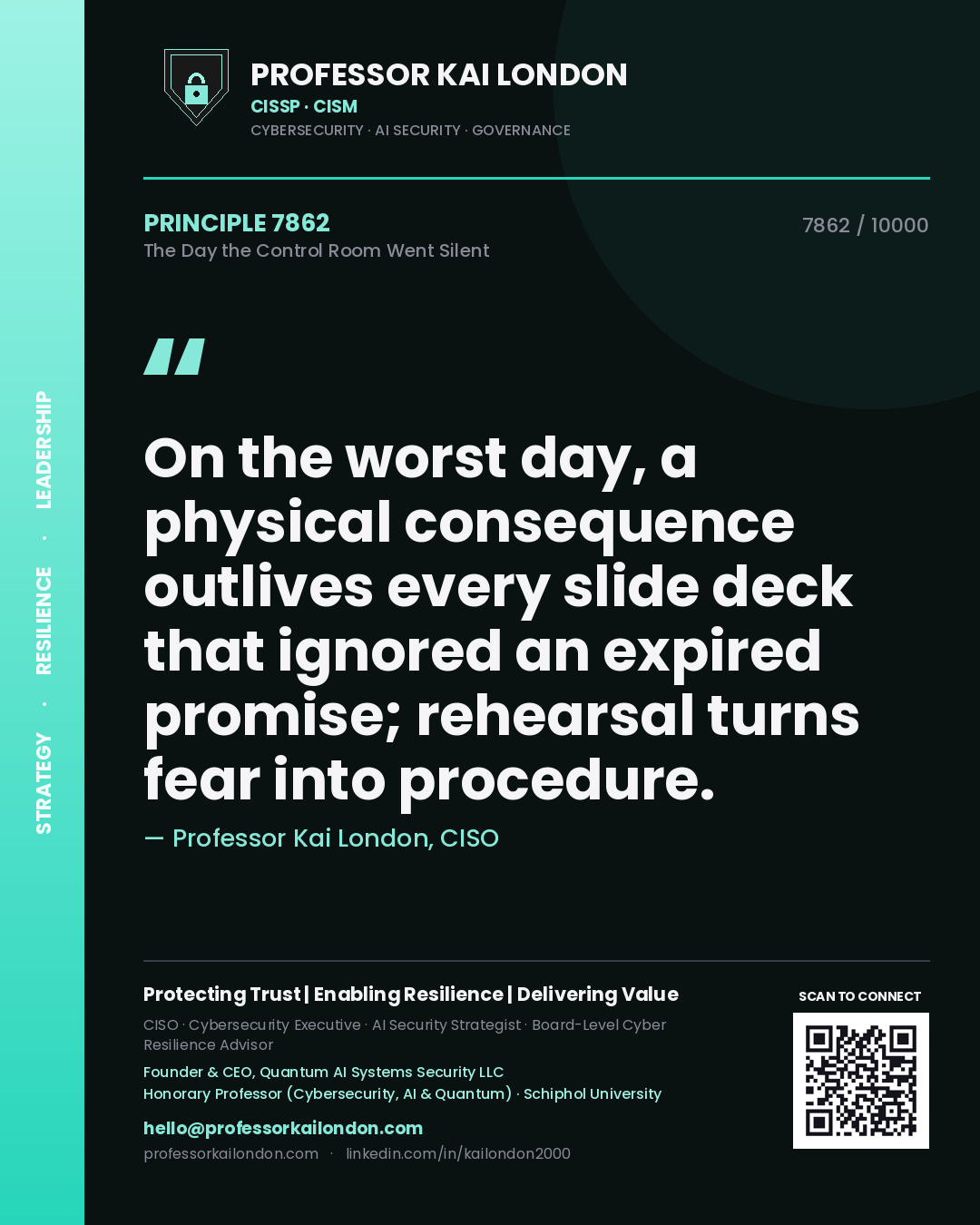 Quote card by Professor Kai London reading 'On the worst day, a physical consequence outlives every slide deck that ignored an expired promise; rehearsal turns fear into procedure.'. From the book The Day the Control Room Went Silent.