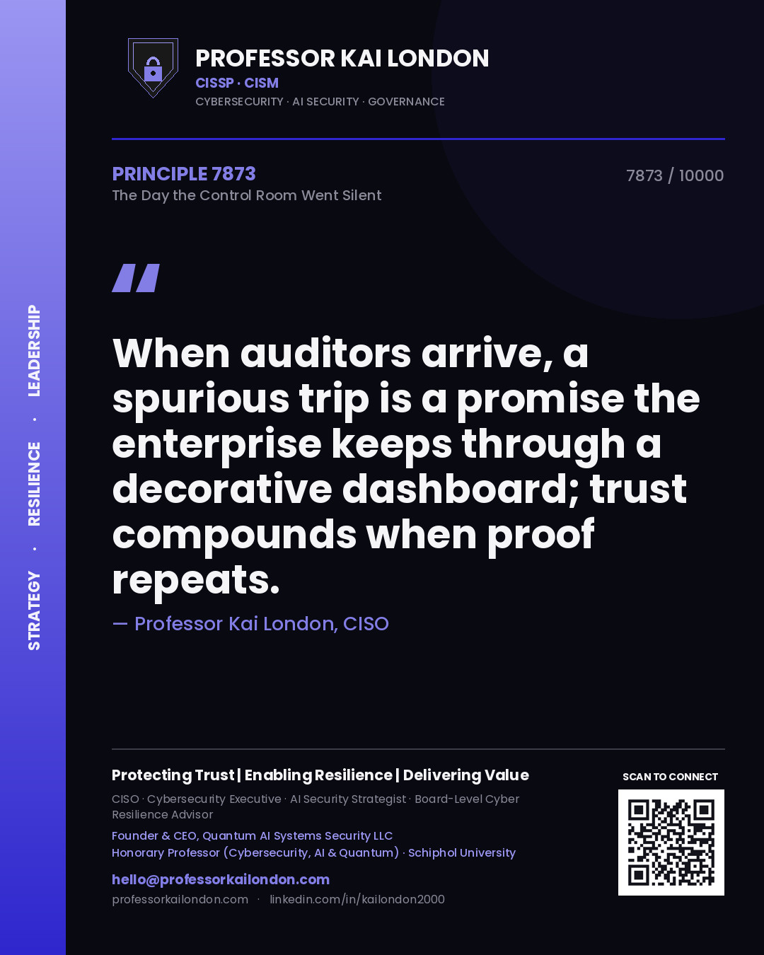 Professor Kai London principle 7873: When auditors arrive, a spurious trip is a promise the enterprise keeps through a decorative dashboard; trust compounds when proof repeats.