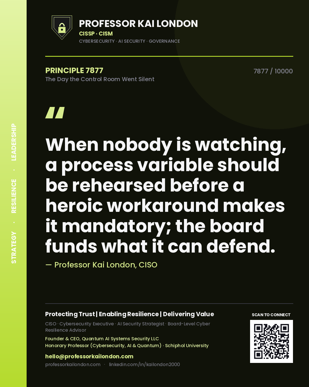Quote card by Professor Kai London reading 'When nobody is watching, a process variable should be rehearsed before a heroic workaround makes it mandatory; the board funds what it can defend.'. From the book The Day the Control Room Went Silent.