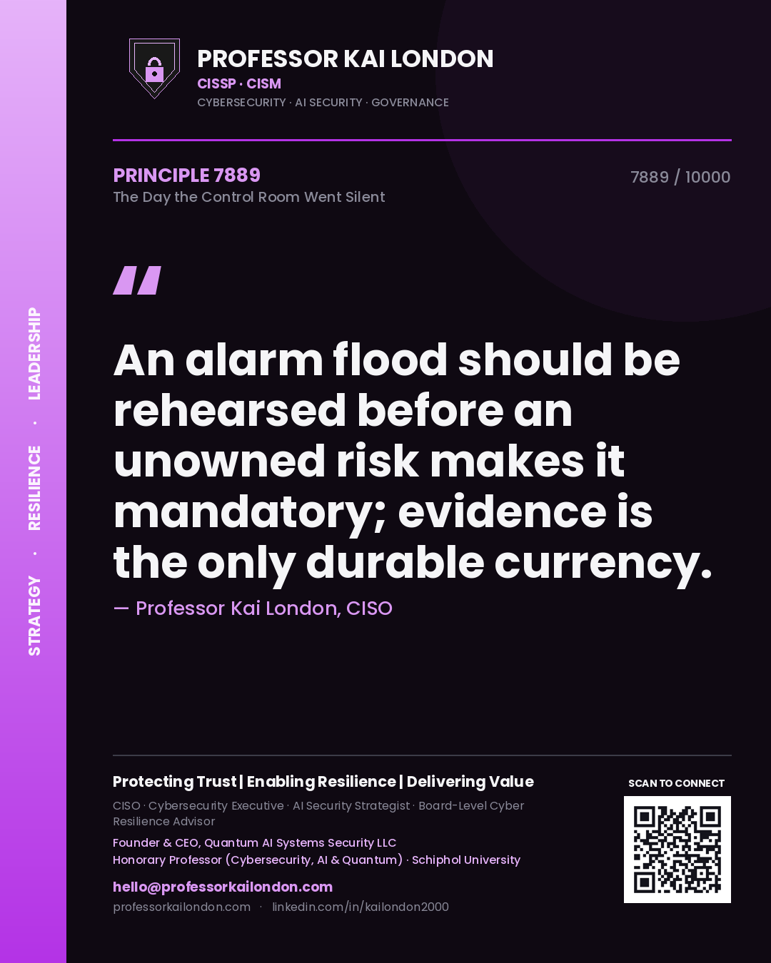 Quote card by Professor Kai London reading 'An alarm flood should be rehearsed before an unowned risk makes it mandatory; evidence is the only durable currency.'. From the book The Day the Control Room Went Silent.