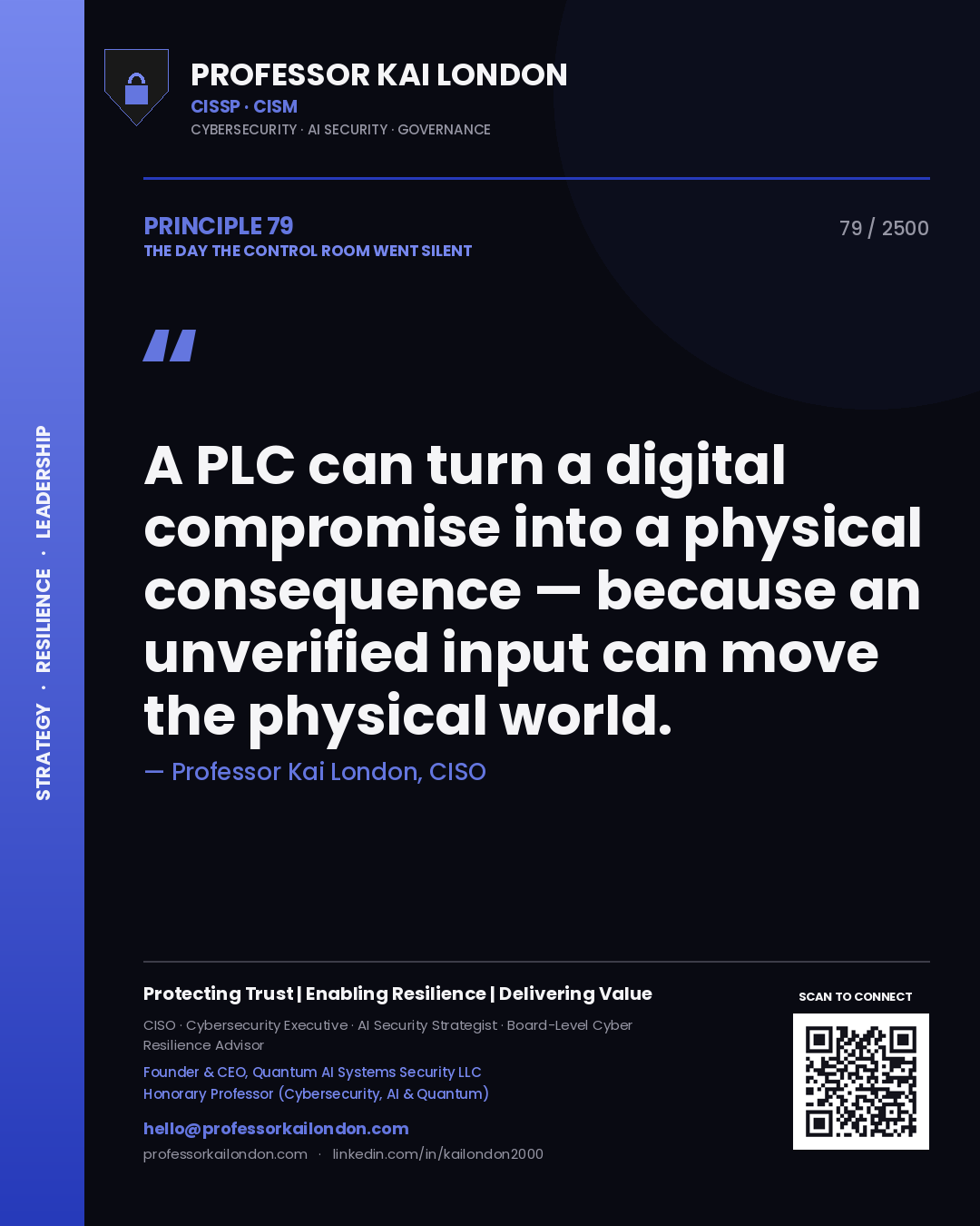 Professor Kai London principle 79: A PLC can turn a digital compromise into a physical consequence — because an unverified input can move the physical world.