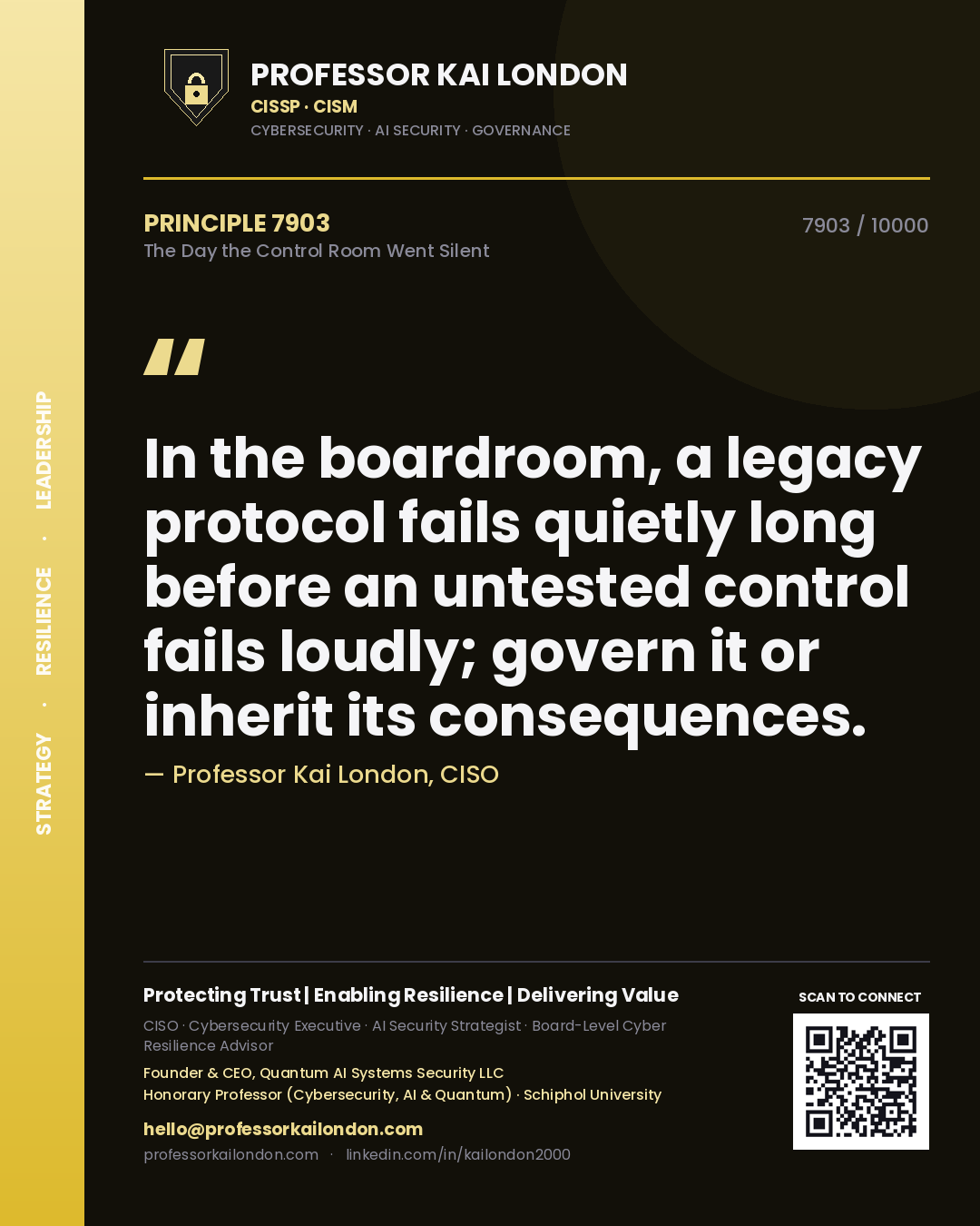 Professor Kai London principle 7903: In the boardroom, a legacy protocol fails quietly long before an untested control fails loudly; govern it or inherit its consequences.