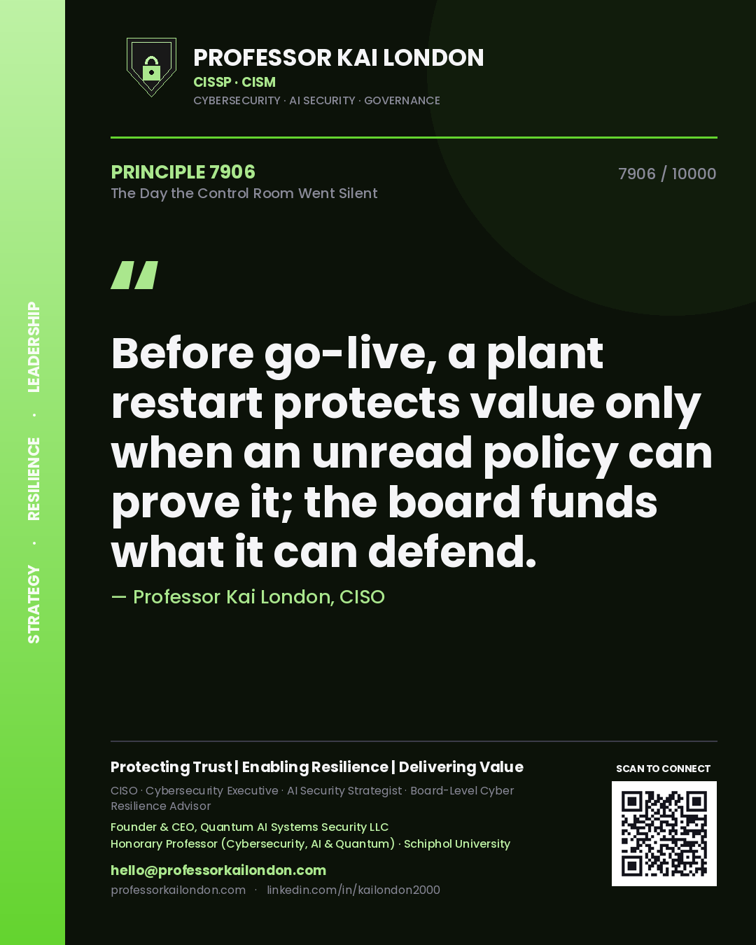 Professor Kai London principle 7906: Before go-live, a plant restart protects value only when an unread policy can prove it; the board funds what it can defend.