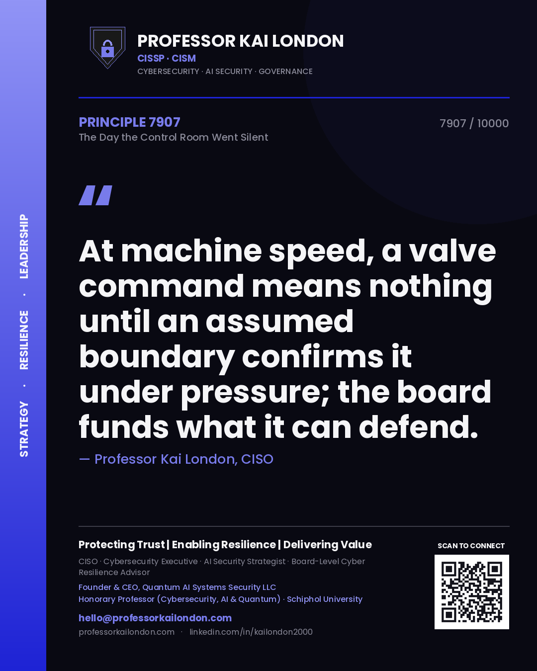 Quote card by Professor Kai London reading 'At machine speed, a valve command means nothing until an assumed boundary confirms it under pressure; the board funds what it can defend.'. From the book The Day the Control Room Went Silent.