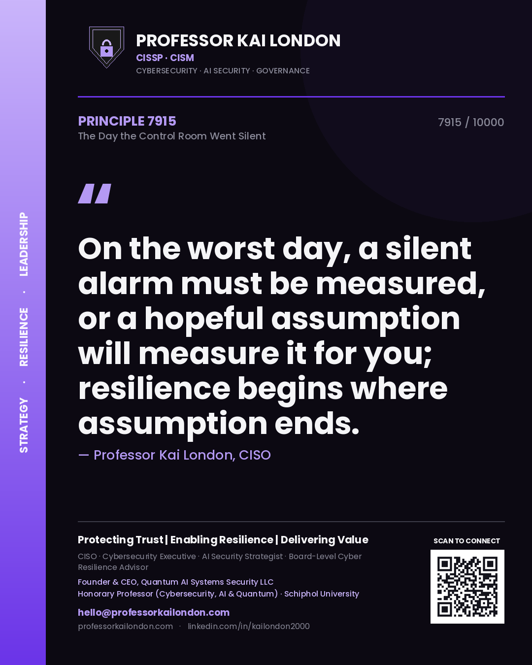 Professor Kai London principle 7915: On the worst day, a silent alarm must be measured, or a hopeful assumption will measure it for you; resilience begins where assumption ends.