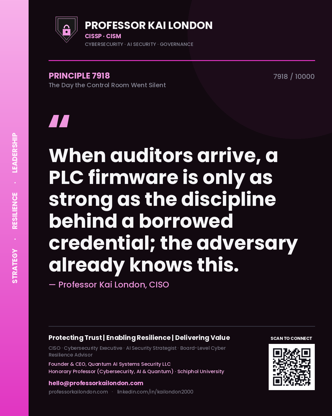 Quote card by Professor Kai London reading 'When auditors arrive, a PLC firmware is only as strong as the discipline behind a borrowed credential; the adversary already knows this.'. From the book The Day the Control Room Went Silent.