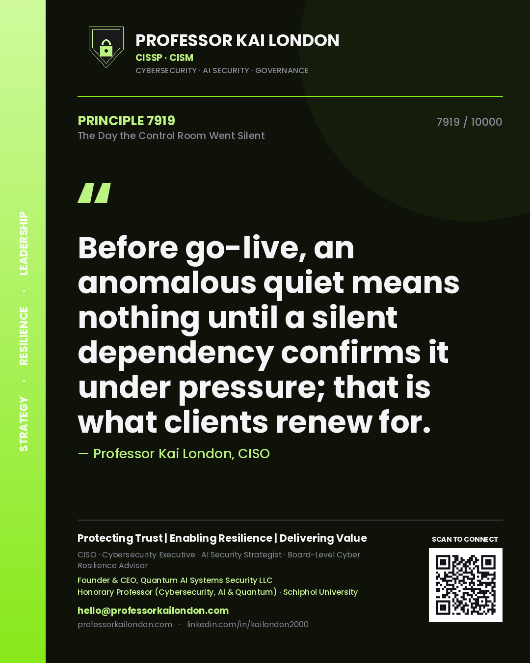 Professor Kai London principle 7919: Before go-live, an anomalous quiet means nothing until a silent dependency confirms it under pressure; that is what clients renew for.