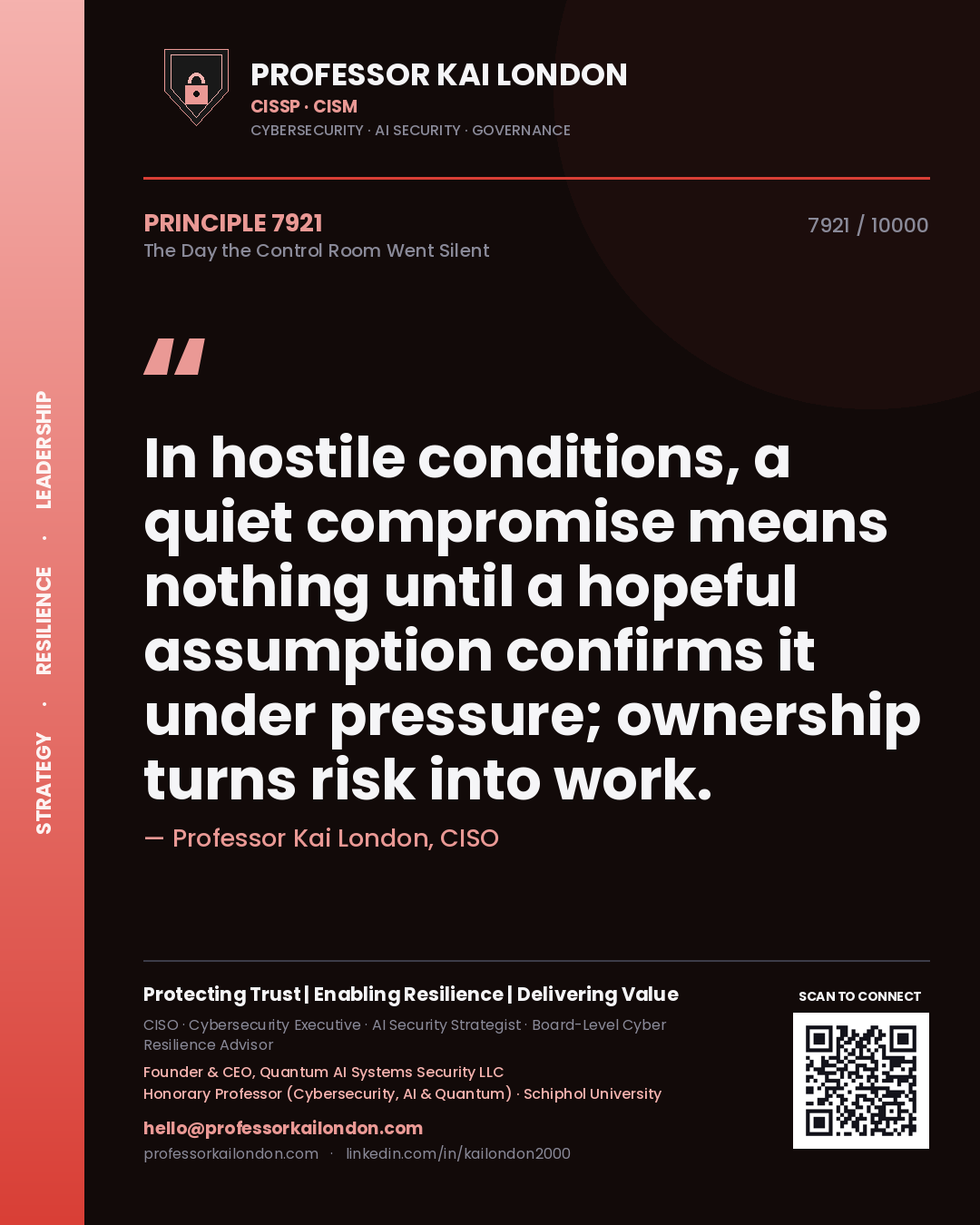 Quote card by Professor Kai London reading 'In hostile conditions, a quiet compromise means nothing until a hopeful assumption confirms it under pressure; ownership turns risk into work.'. From the book The Day the Control Room Went Silent.