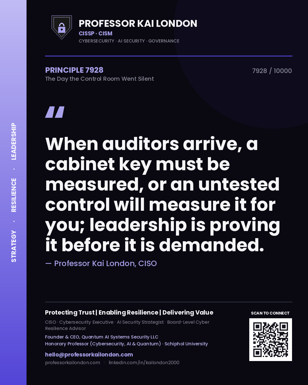 Quote card by Professor Kai London reading 'When auditors arrive, a cabinet key must be measured, or an untested control will measure it for you; leadership is proving it before it is demanded.'. From the book The Day the Control Room Went Silent.