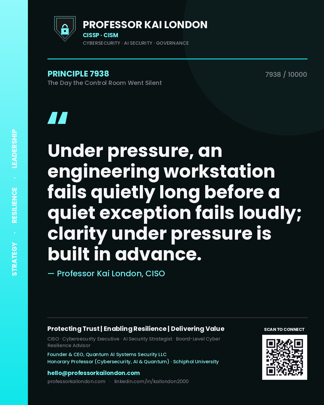 Quote card by Professor Kai London reading 'Under pressure, an engineering workstation fails quietly long before a quiet exception fails loudly; clarity under pressure is built in advance.'. From the book The Day the Control Room Went Silent.