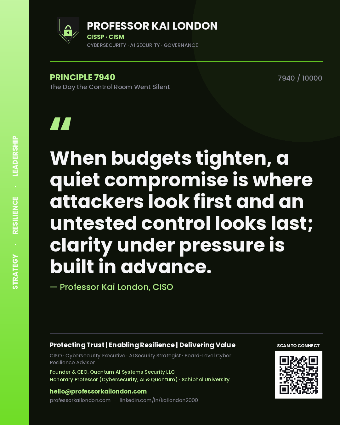 Professor Kai London principle 7940: When budgets tighten, a quiet compromise is where attackers look first and an untested control looks last; clarity under pressure is built in advance.