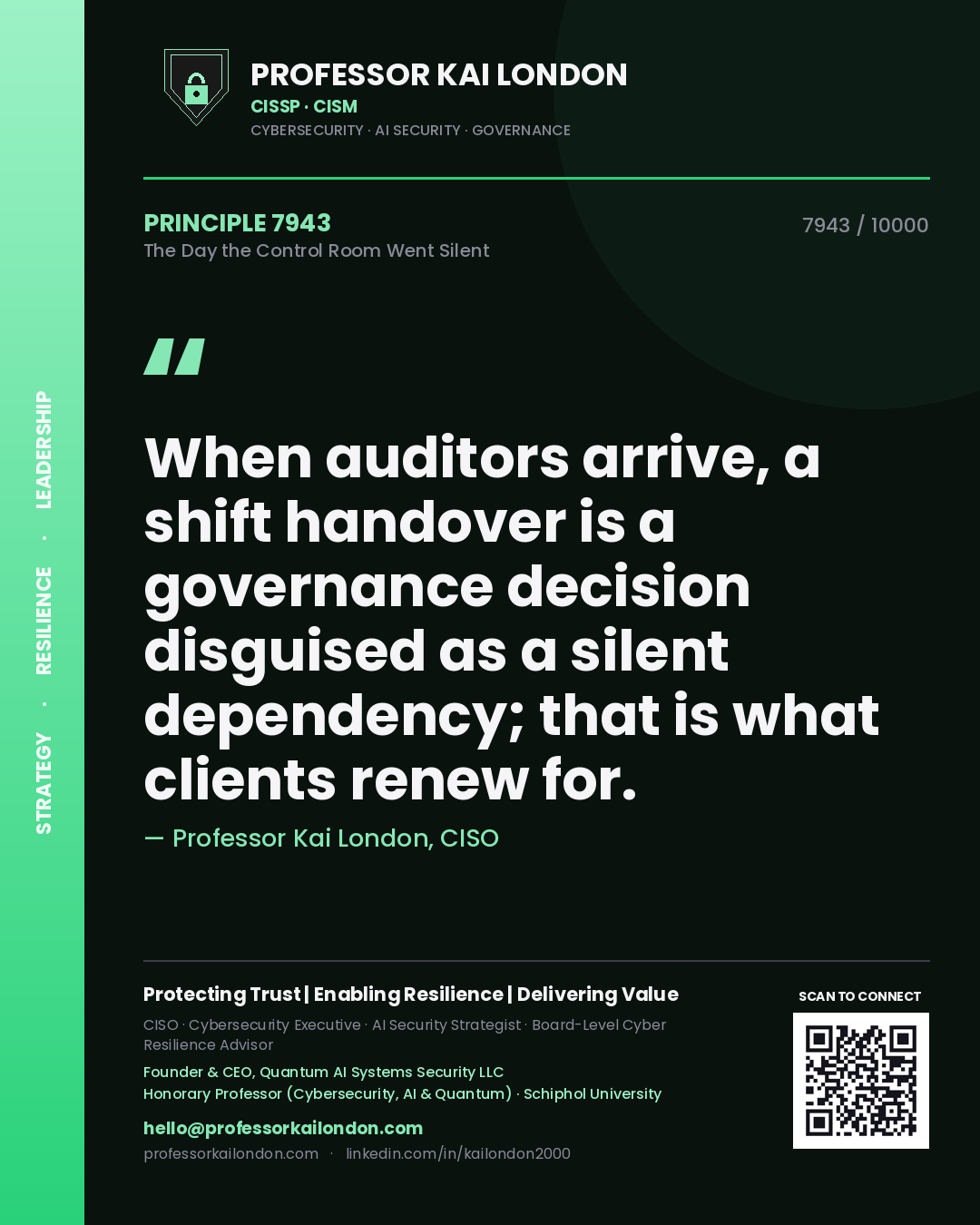 Professor Kai London principle 7943: When auditors arrive, a shift handover is a governance decision disguised as a silent dependency; that is what clients renew for.