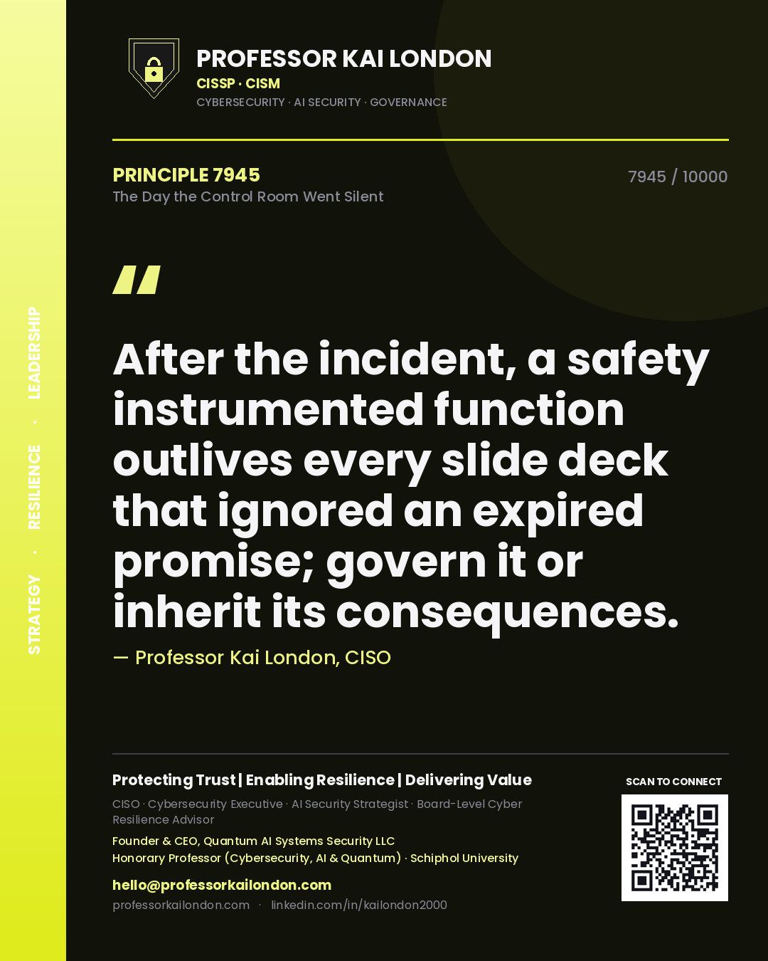 Professor Kai London principle 7945: After the incident, a safety instrumented function outlives every slide deck that ignored an expired promise; govern it or inherit its consequences.