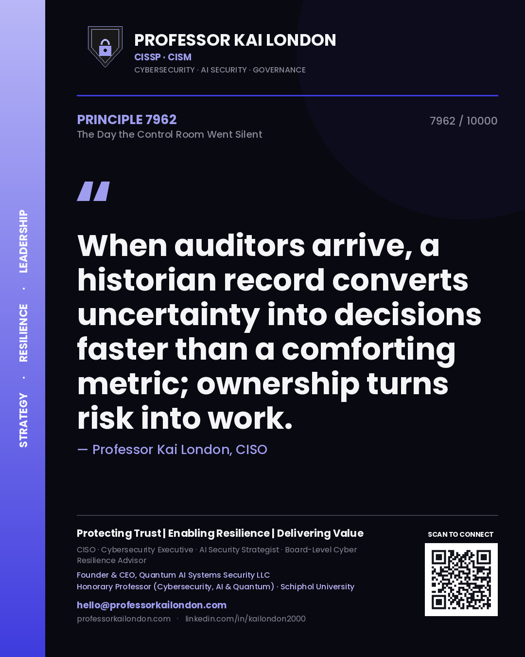Professor Kai London principle 7962: When auditors arrive, a historian record converts uncertainty into decisions faster than a comforting metric; ownership turns risk into work.