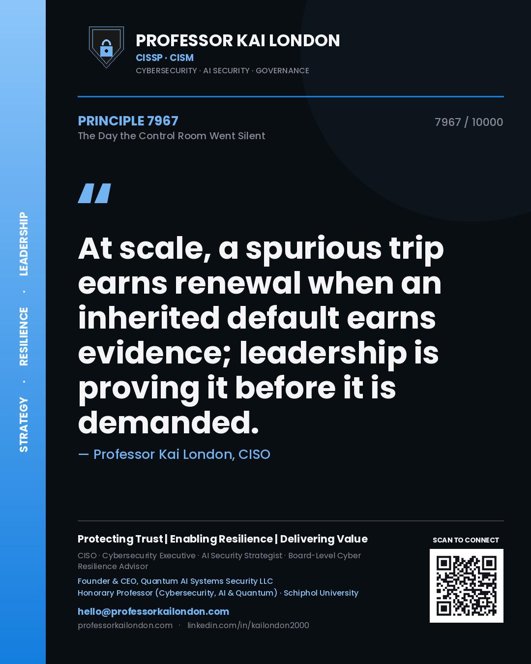 Professor Kai London principle 7967: At scale, a spurious trip earns renewal when an inherited default earns evidence; leadership is proving it before it is demanded.