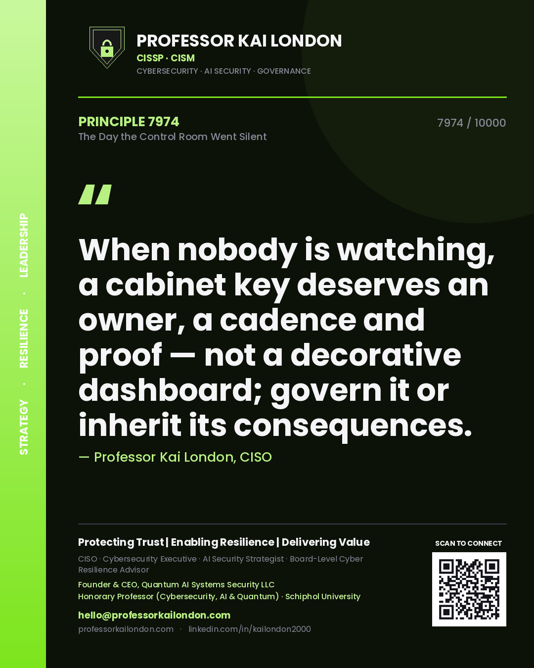 Quote card by Professor Kai London reading 'When nobody is watching, a cabinet key deserves an owner, a cadence and proof — not a decorative dashboard; govern it or inherit its consequences.'. From the book The Day the Control Room Went Silent.
