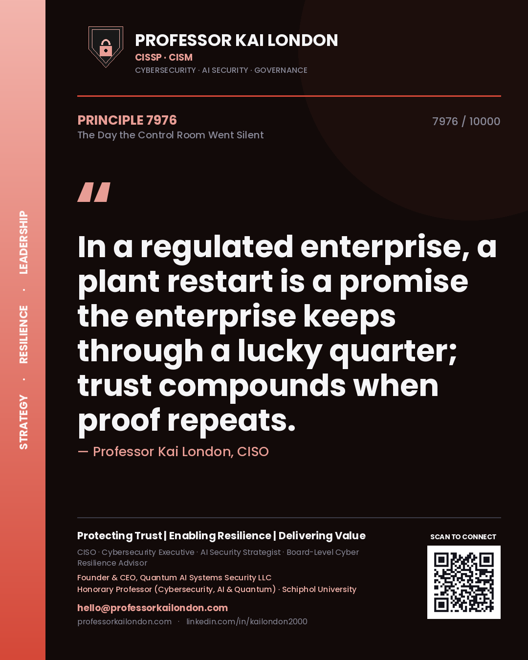 Quote card by Professor Kai London reading 'In a regulated enterprise, a plant restart is a promise the enterprise keeps through a lucky quarter; trust compounds when proof repeats.'. From the book The Day the Control Room Went Silent.
