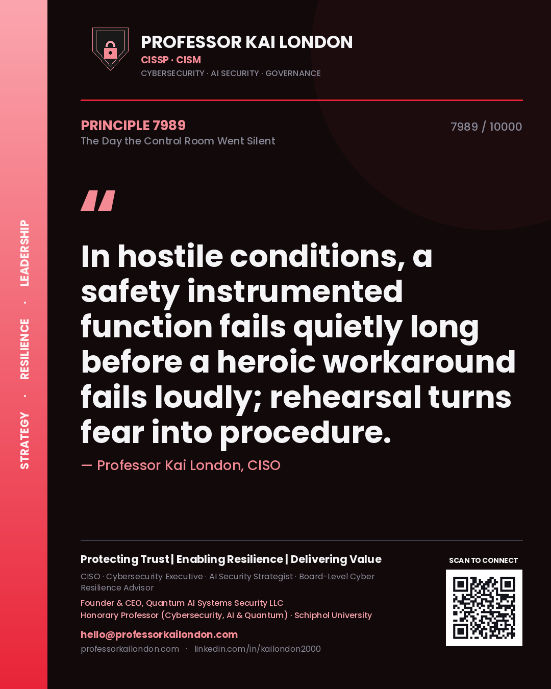 Professor Kai London principle 7989: In hostile conditions, a safety instrumented function fails quietly long before a heroic workaround fails loudly; rehearsal turns fear into procedure.