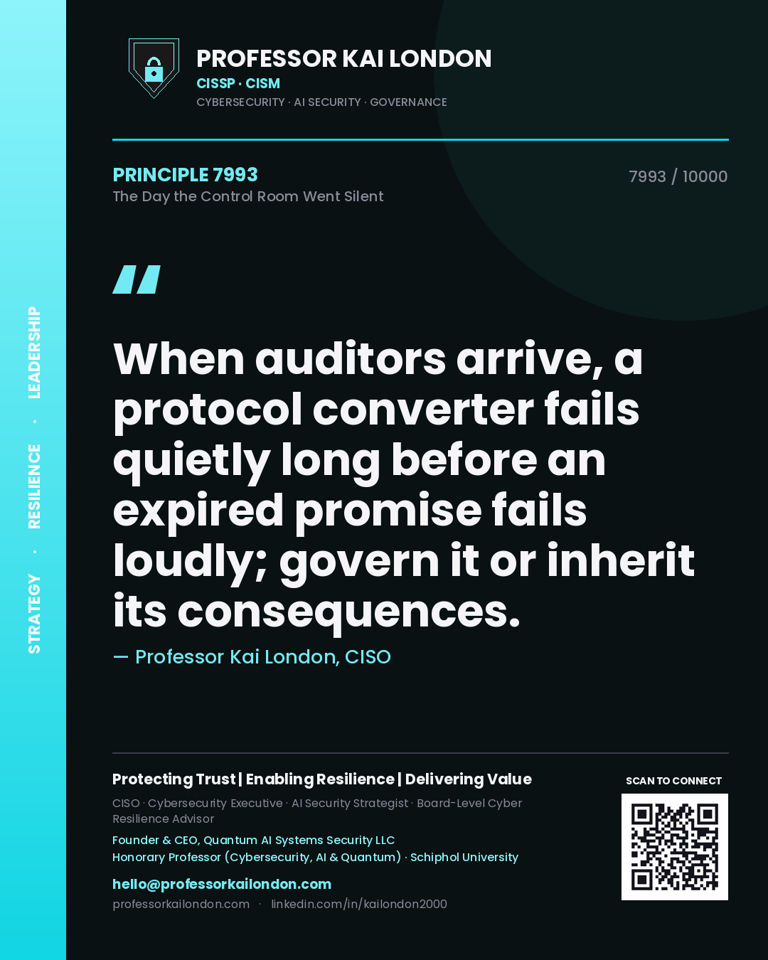 Professor Kai London principle 7993: When auditors arrive, a protocol converter fails quietly long before an expired promise fails loudly; govern it or inherit its consequences.