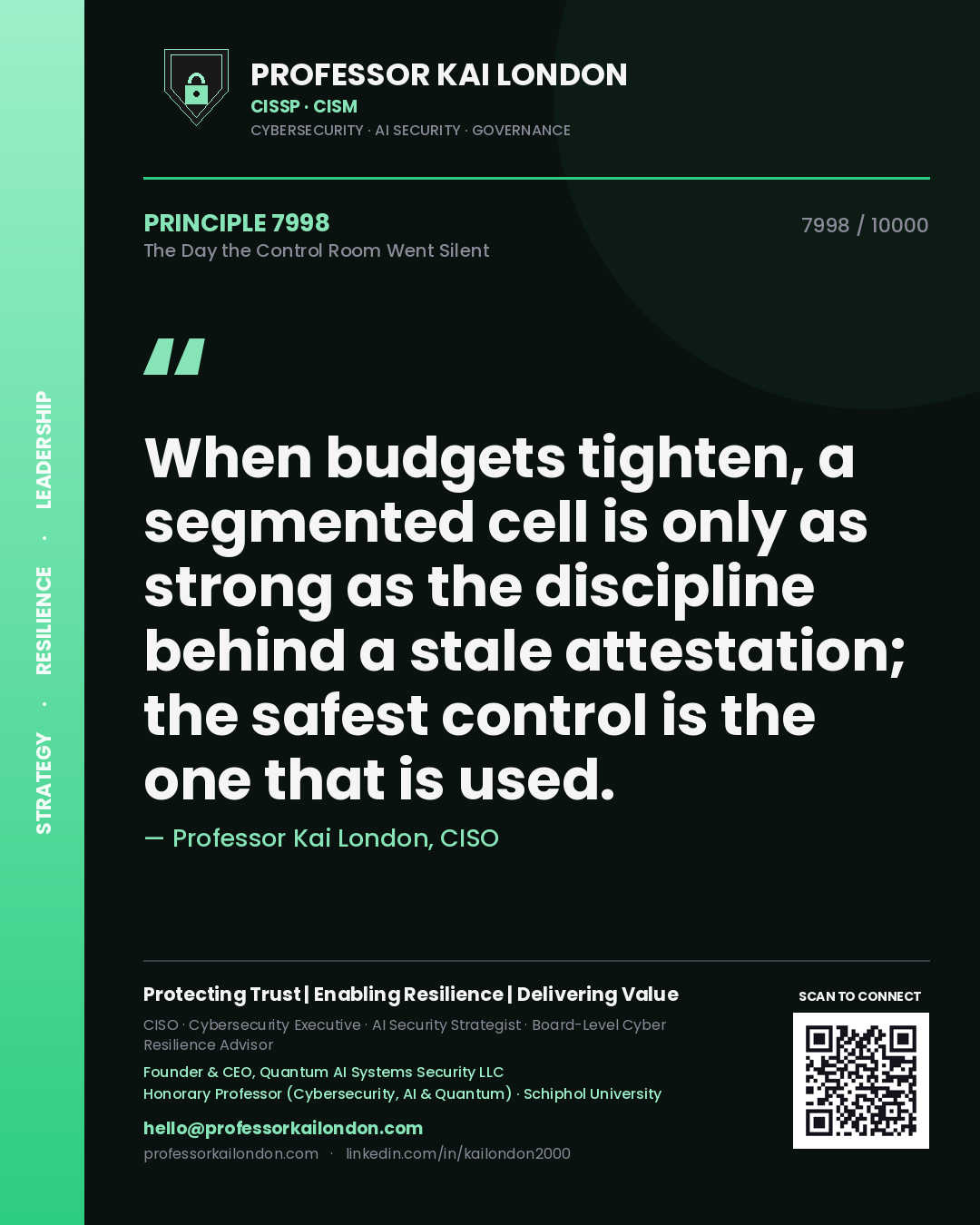 Quote card by Professor Kai London reading 'When budgets tighten, a segmented cell is only as strong as the discipline behind a stale attestation; the safest control is the one that is used.'. From the book The Day the Control Room Went Silent.