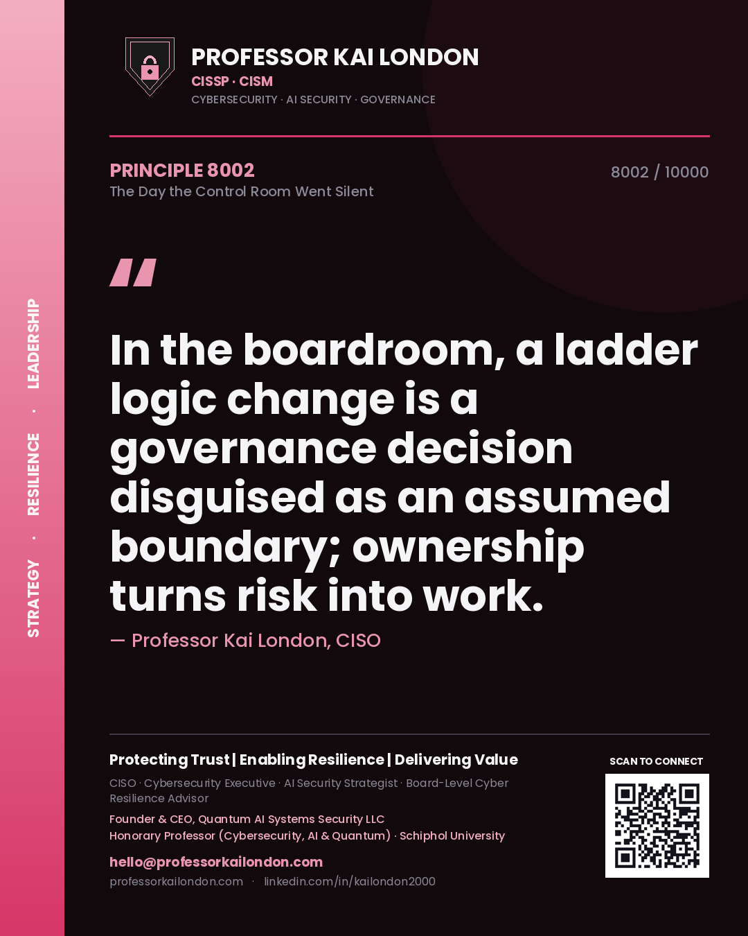 Quote card by Professor Kai London reading 'In the boardroom, a ladder logic change is a governance decision disguised as an assumed boundary; ownership turns risk into work.'. From the book The Day the Control Room Went Silent.